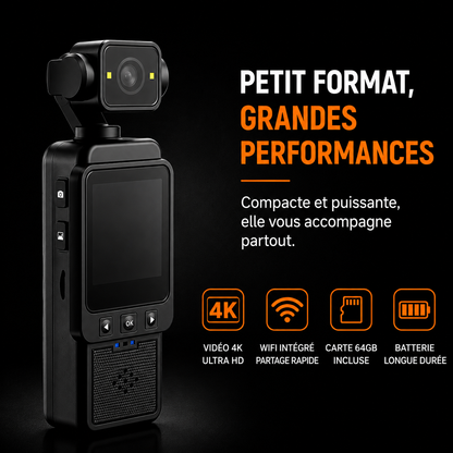 Caméra de poche 4K stabilisée – carte 64 Go incluse