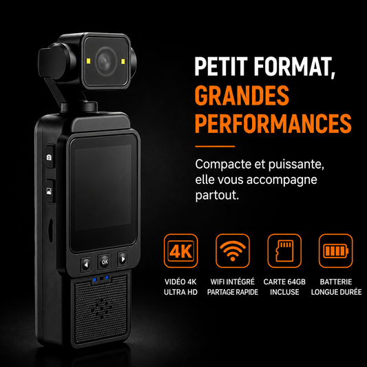 Caméra de poche 4K stabilisée – carte 64 Go incluse